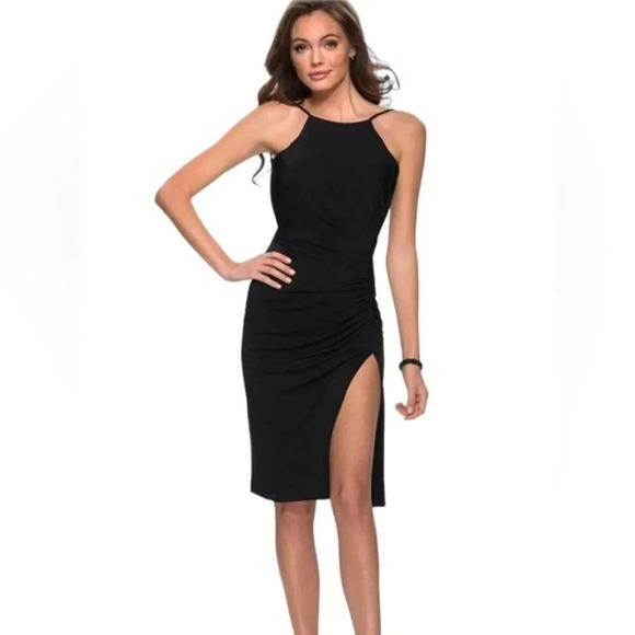 La Femme Halter Open Back Shirred Jersey Short Dress 29312 Black Size 10 NWT - Picture 11 of 11